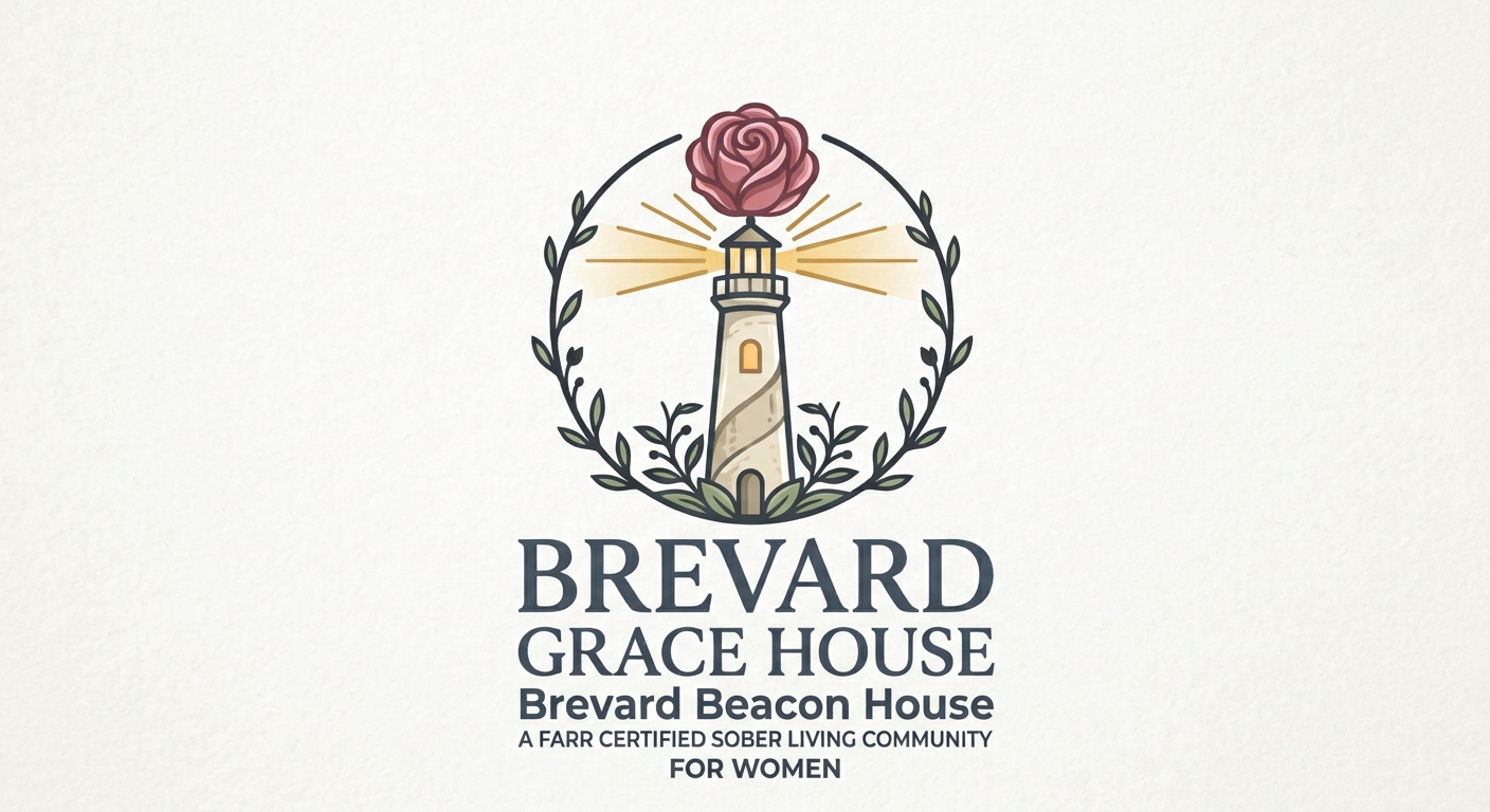 Brevard Grace House logo: a rose above a lighthouse, encircled by leaves